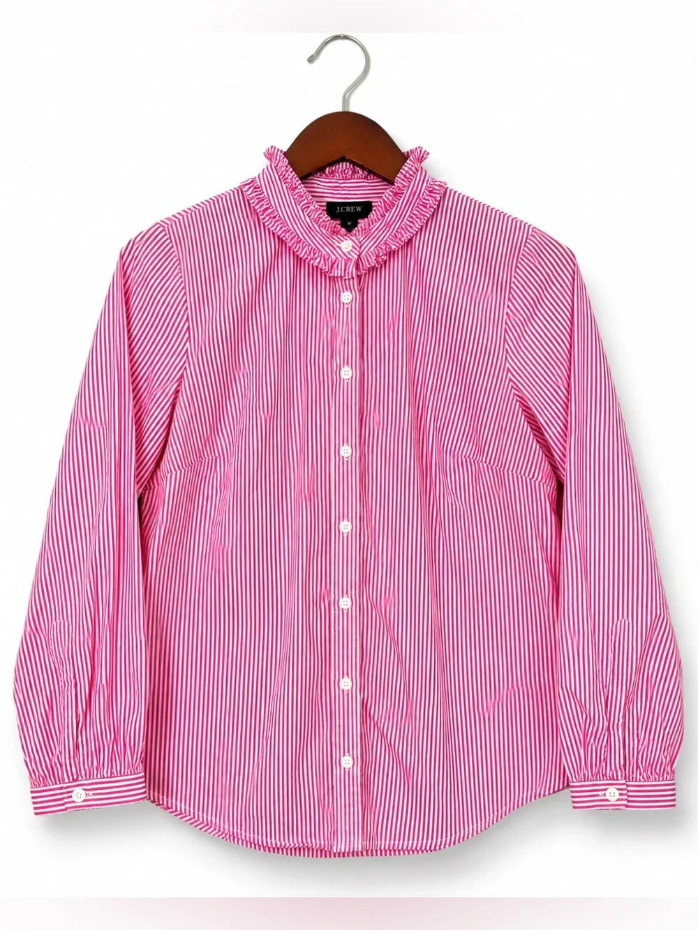 J.Crew Pink White Striped Ruffle Neck Button Down Blouse 100% Cotton M